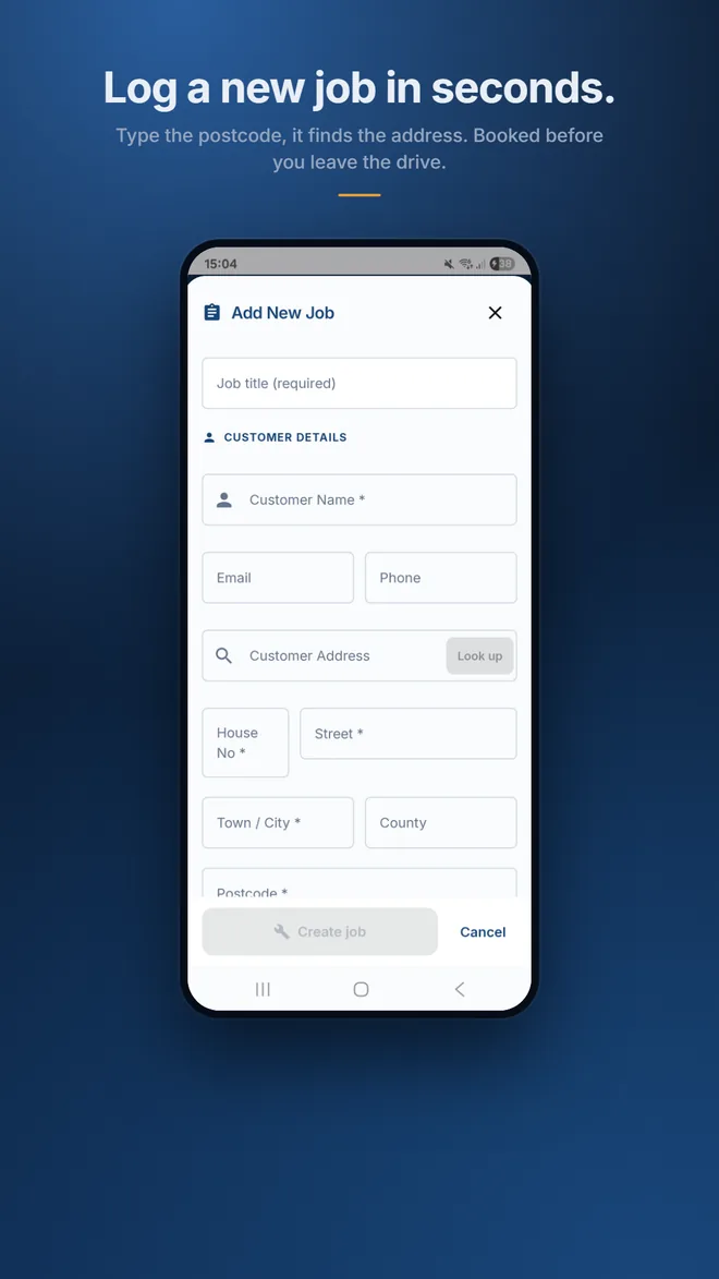 Add a new job with customer details and postcode look-up