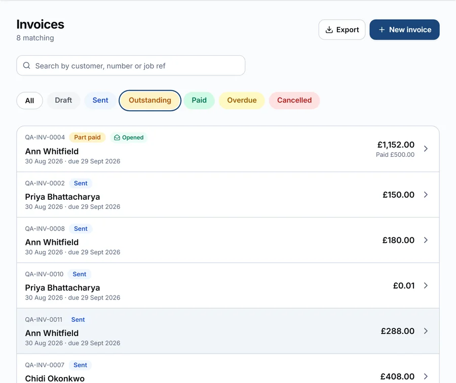 The invoice list filters on the web portal, including Outstanding
