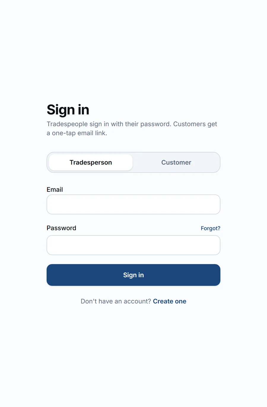 The portal sign-in page with Tradesperson and Customer tabs